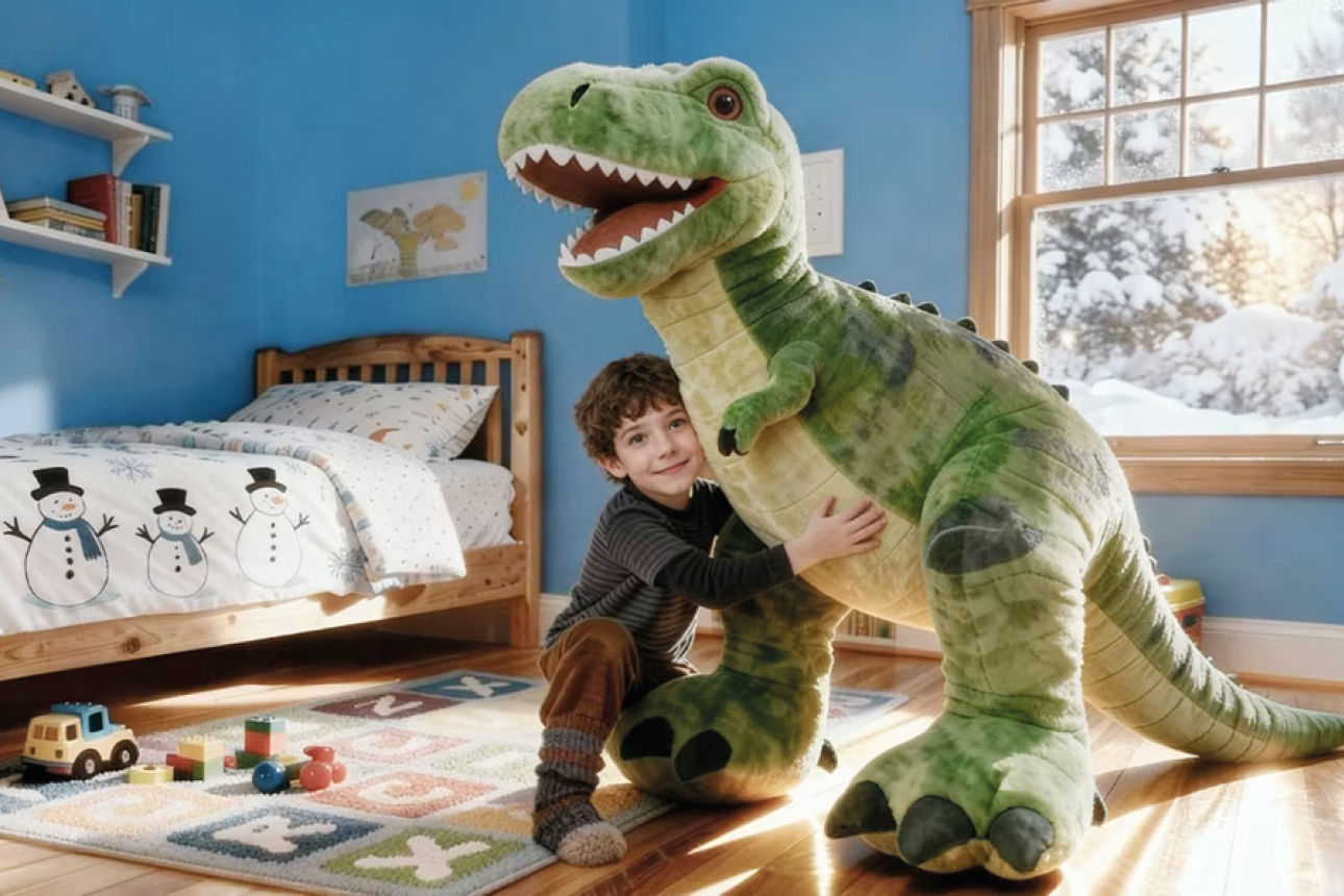 Sie sehen einen jungen mit einem Dino Kuscheltier.