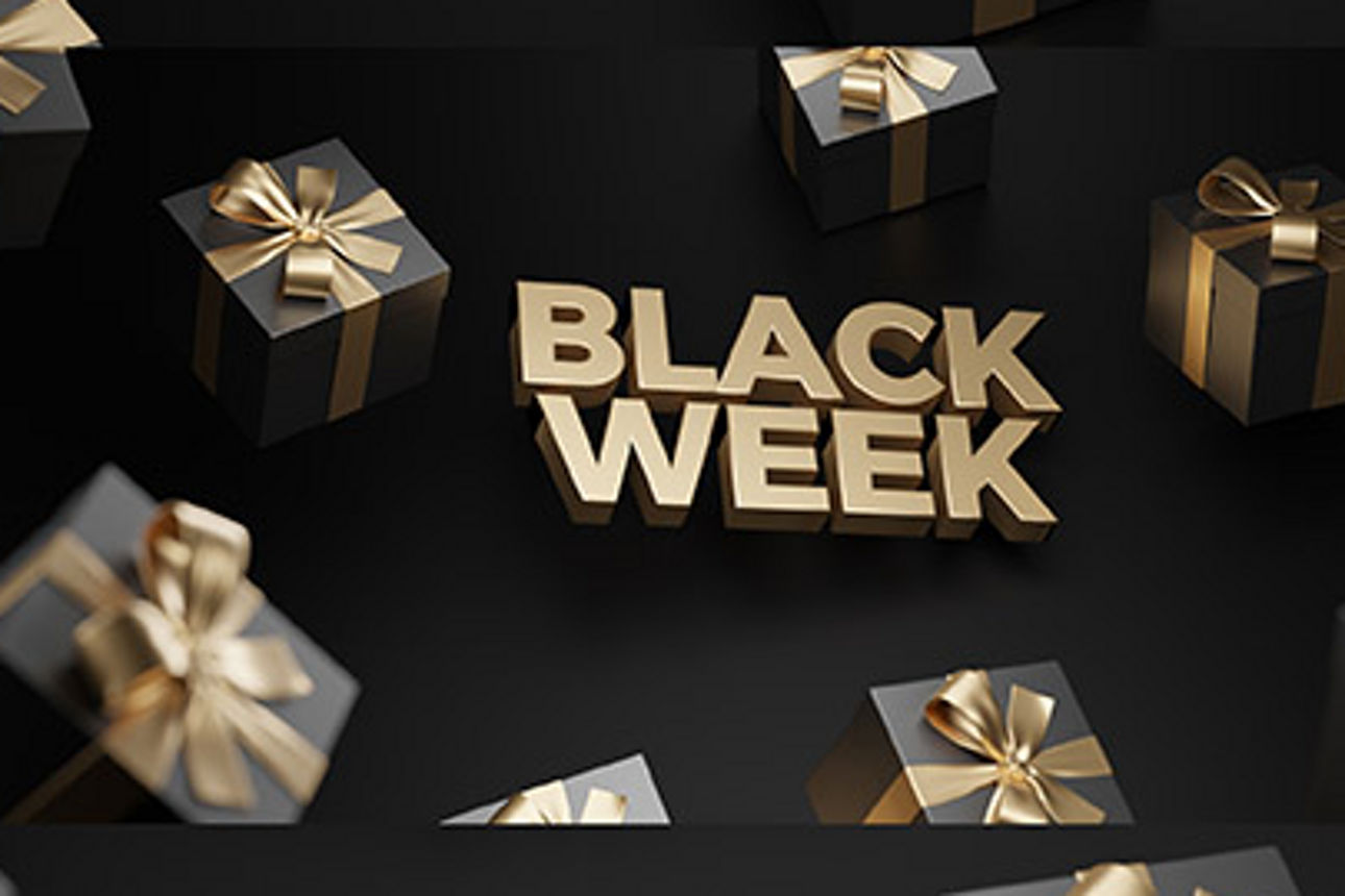 Schwarzes Bild mit schwarz-goldenen Geschenken zur Black Week