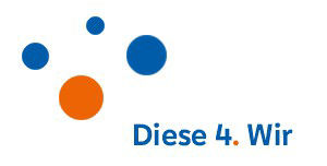 Drei blaue Punkte mit einem, organenen Punkt und das Leitbild darstellt