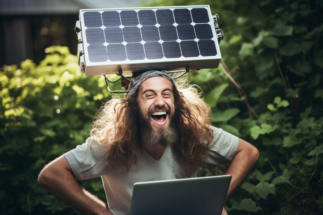 Mann mit lnagen Haaren und Bart hält eine Solaranlage über seinem Kopf und lacht.
