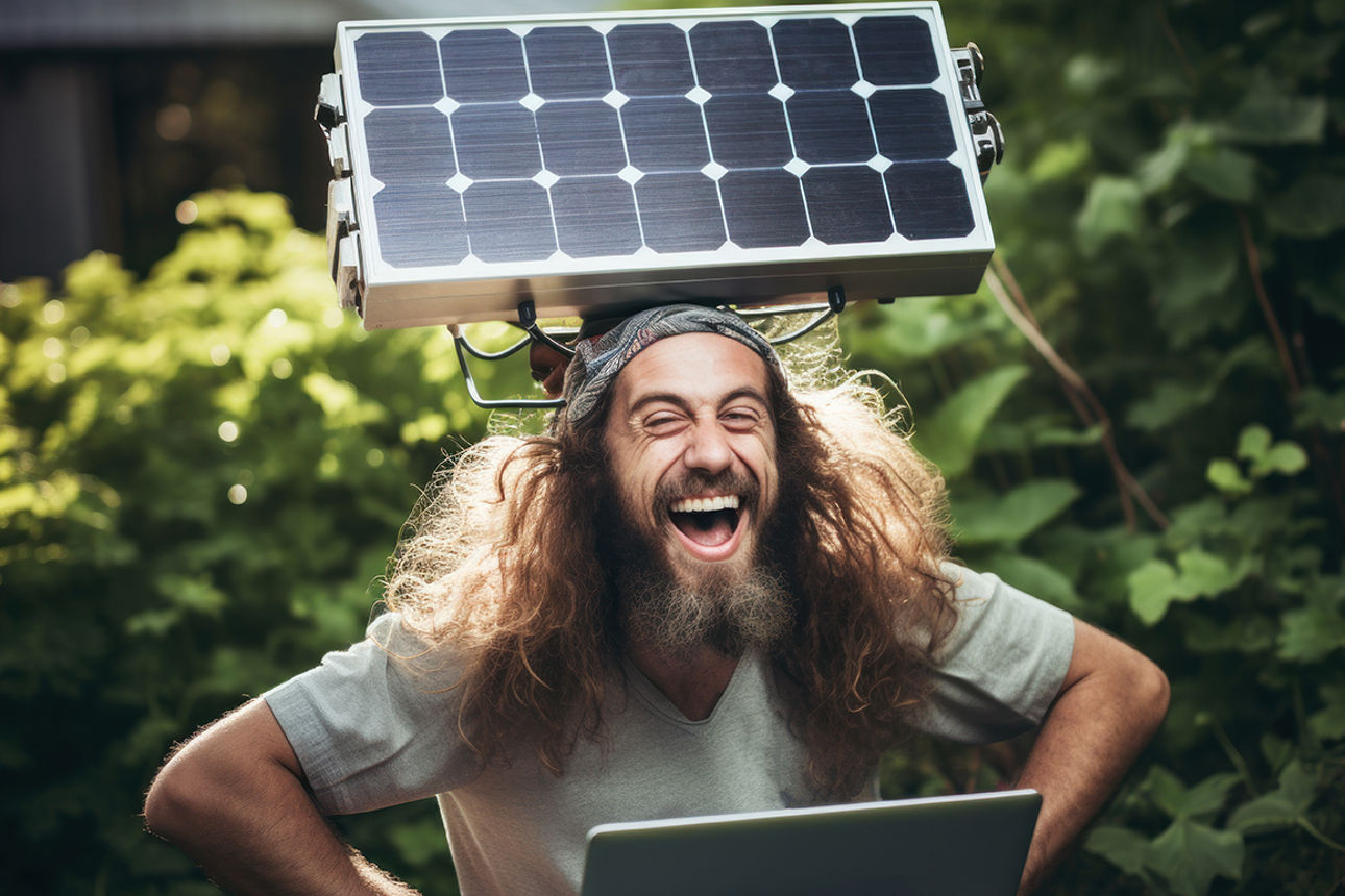 Mann mit lnagen Haaren und Bart hält eine Solaranlage über seinem Kopf und lacht.