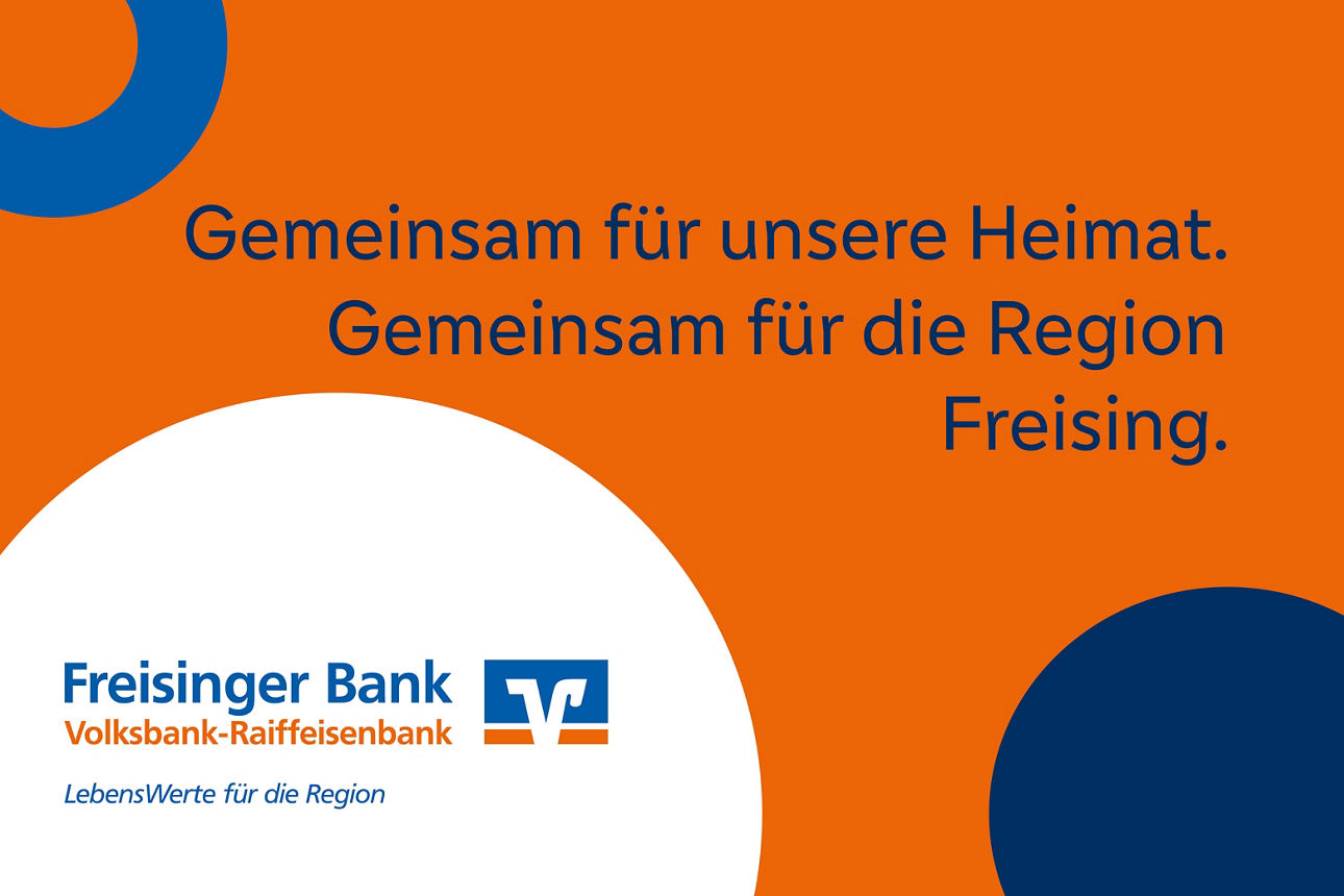 Grafik für das Spendenportal der Freisinger Bank. Oranger Untergrund mit blauen und weißen Kreisen 
