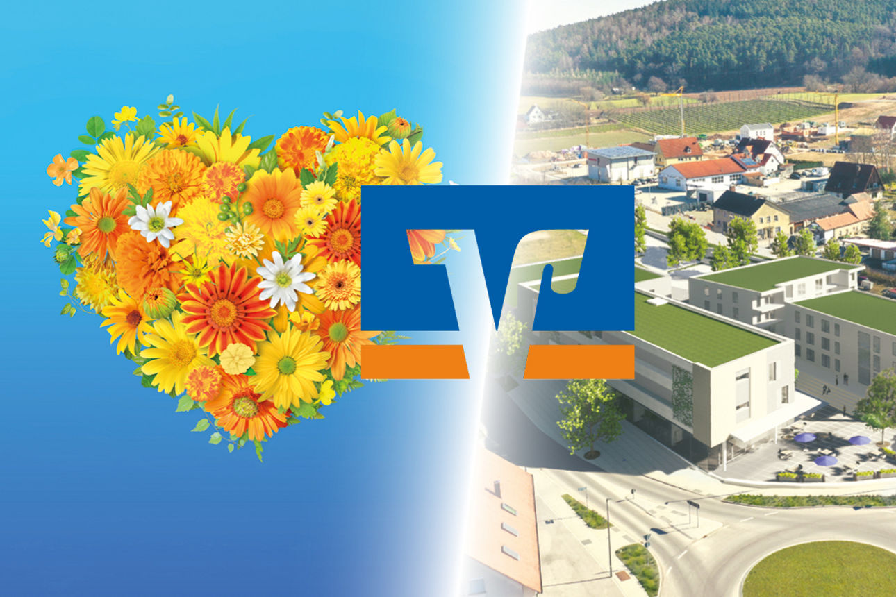 EIn Herz aus Sonnenblumen rechts und links die Ansicht der neuen Filiale Spalt von oben, in der Mitte das V-Zeichen der Bank