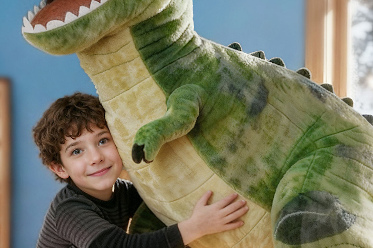 Ein Junge umarmt ein großen Dino Kuscheltier.