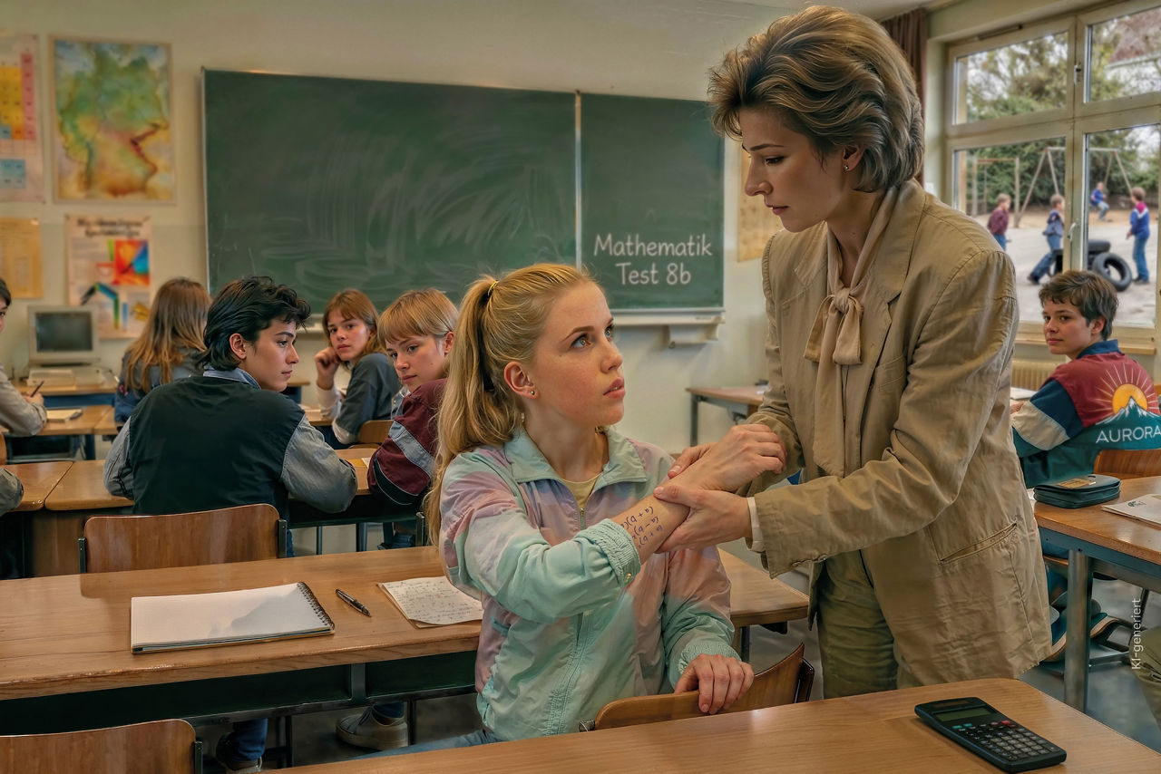 Lehrerin mit einer Schülerin im Gespräch im Klassenzimmer
