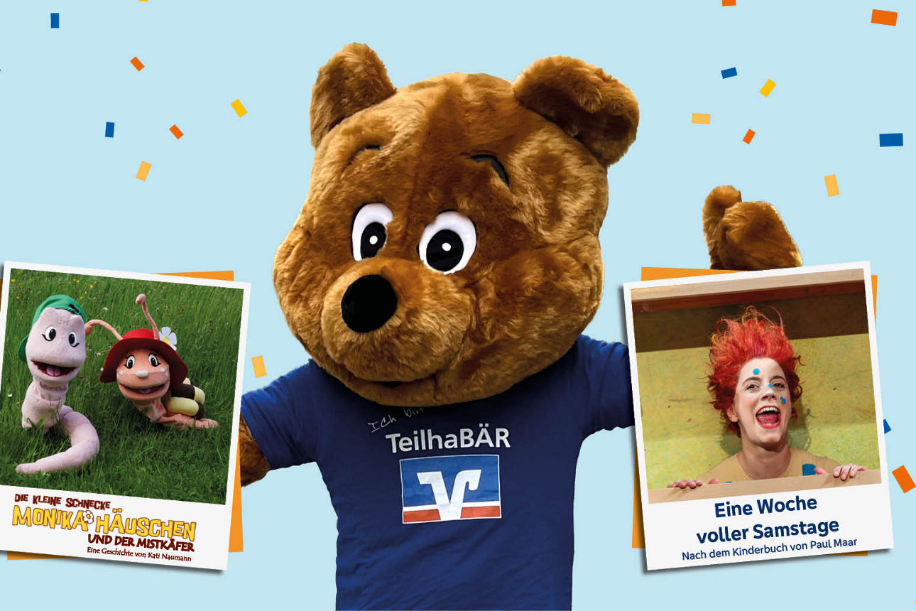 Maskottchen in Form eines Bären hält zwei Bilder der Programmhighlights in den Händen