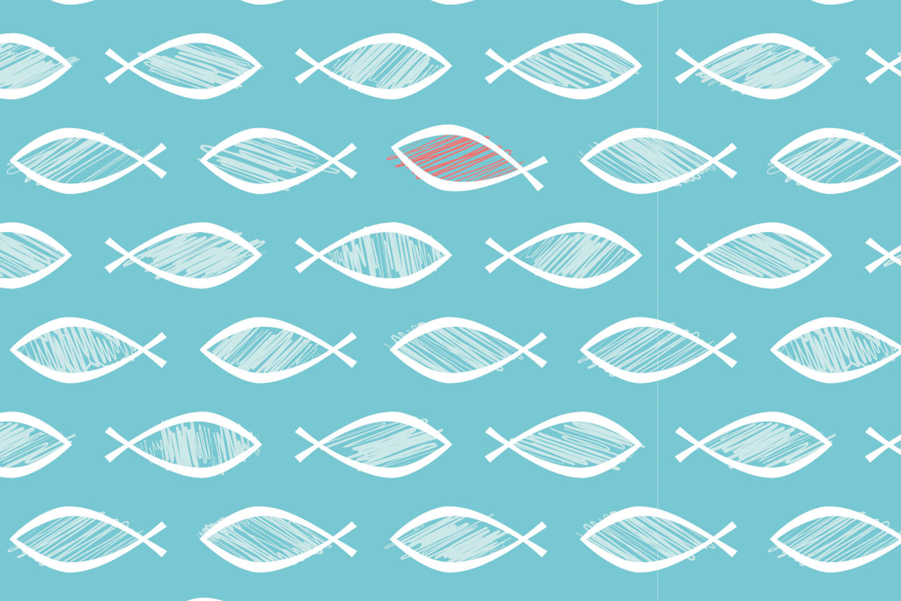 Seamless Abstract Ichthys Icon Scribble Pattern / Turquoise Background / Global colors saved with Pattern Swatches