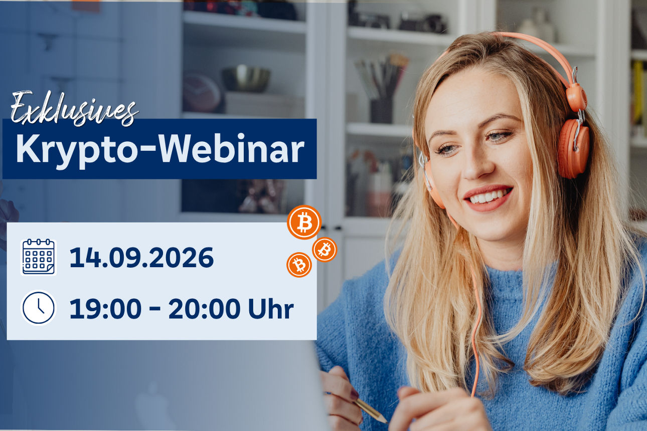 Bearbeitetes Foto einer Frau vor dem Bildschirm mit Informationen zum Krypto-Webinar der Westerwald Bank eG.