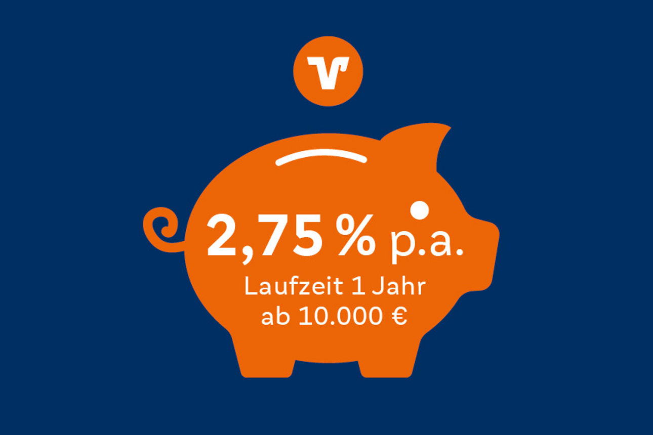 Orangenes Sparschwein auf welchem 2,75% p.a. Laufzeit 1 Jahr ab 10.000€ steht.