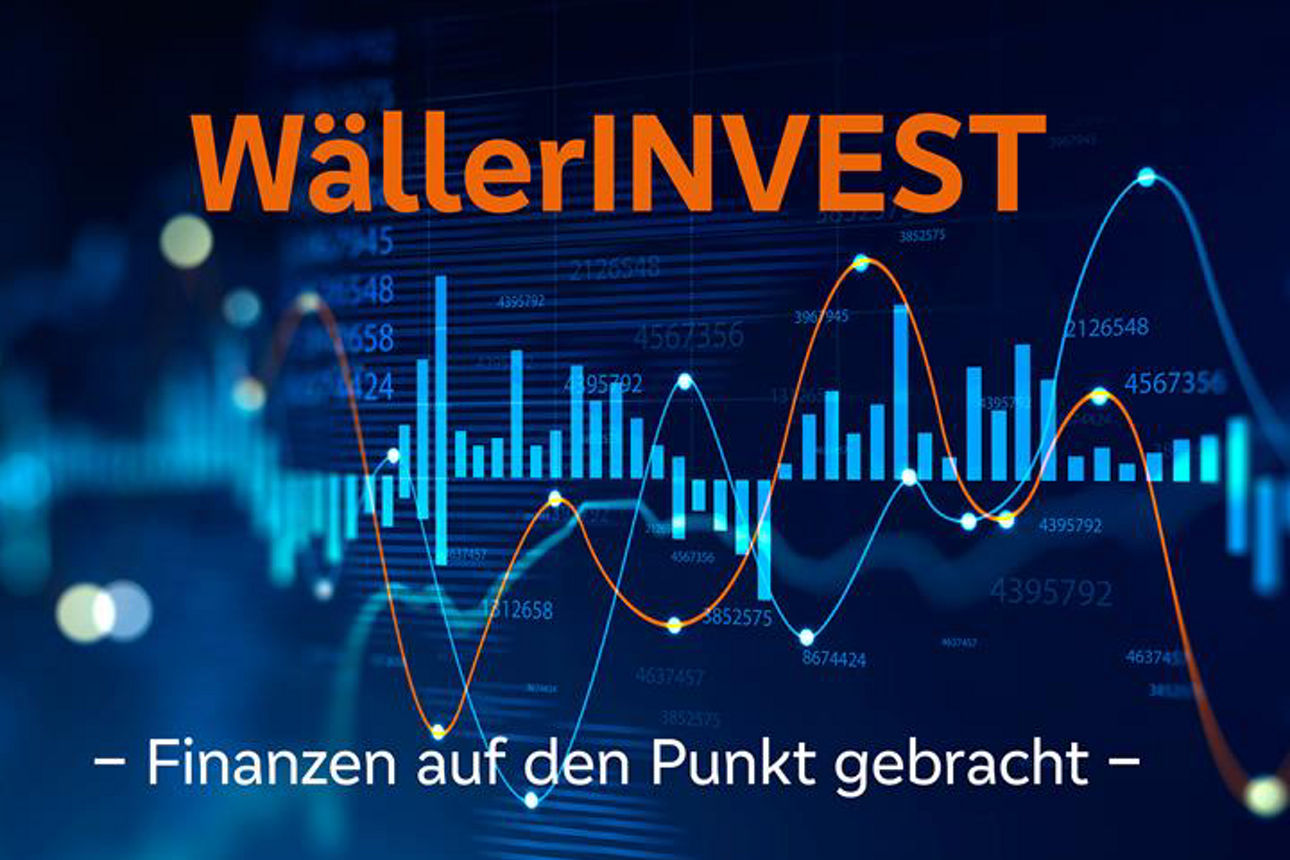 Blauer Hintergrund mit Balkendiagramm und Schriftzug „WällerINVEST”.