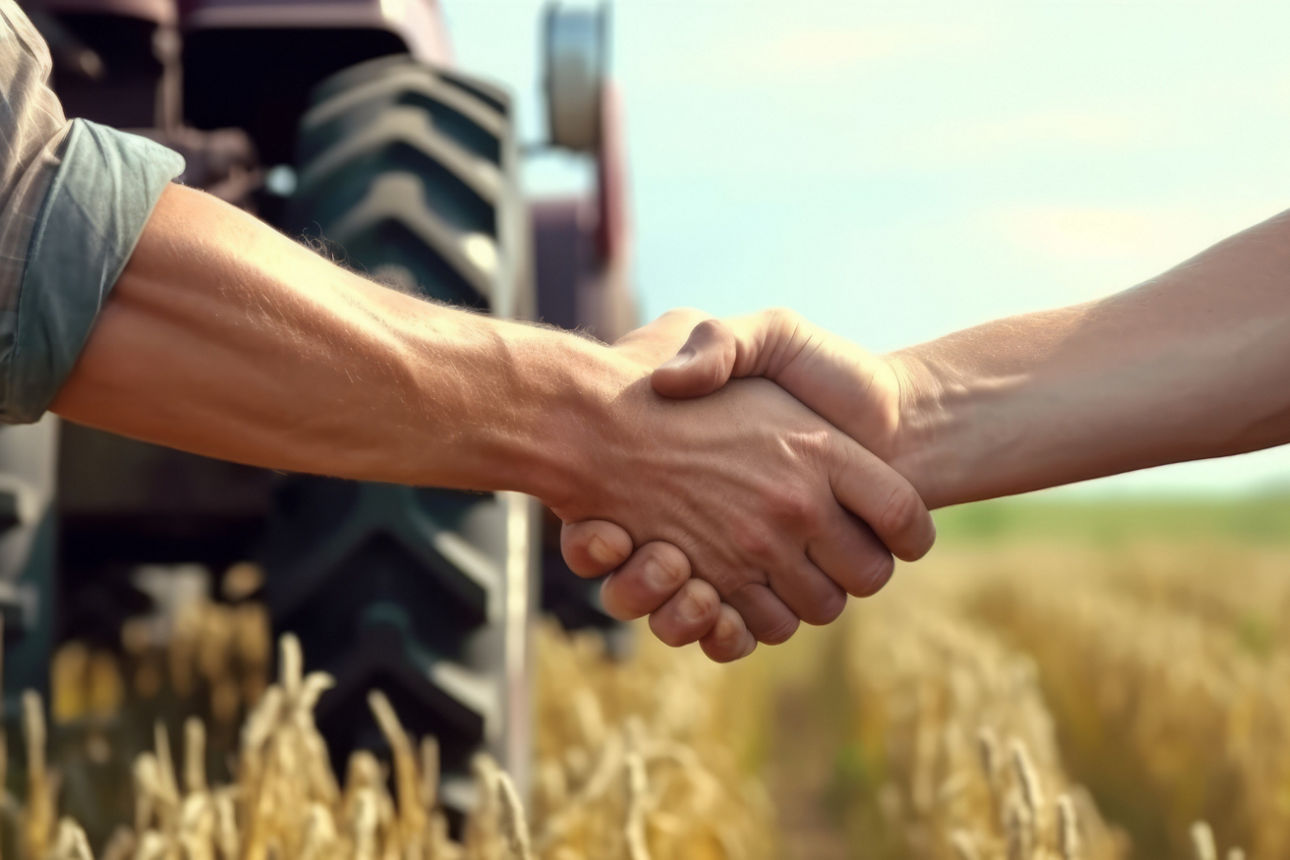 Man sieht den Händedruck von zwei Menschen auf einem Feld.