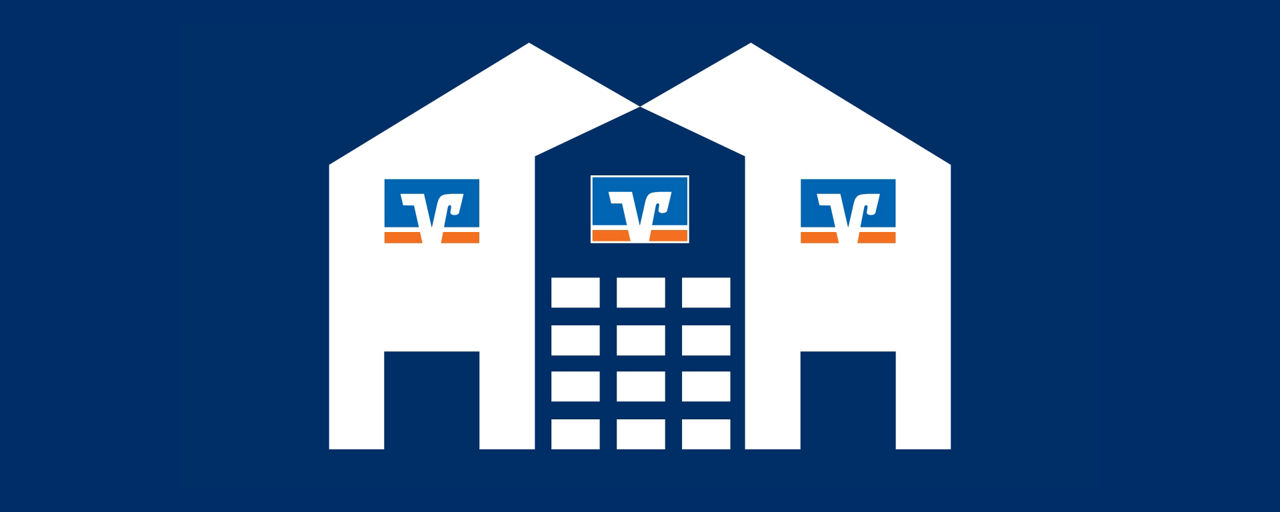 Illustration zweier Gebäude mit Volksbank Logos auf einem blauem Hintergrund