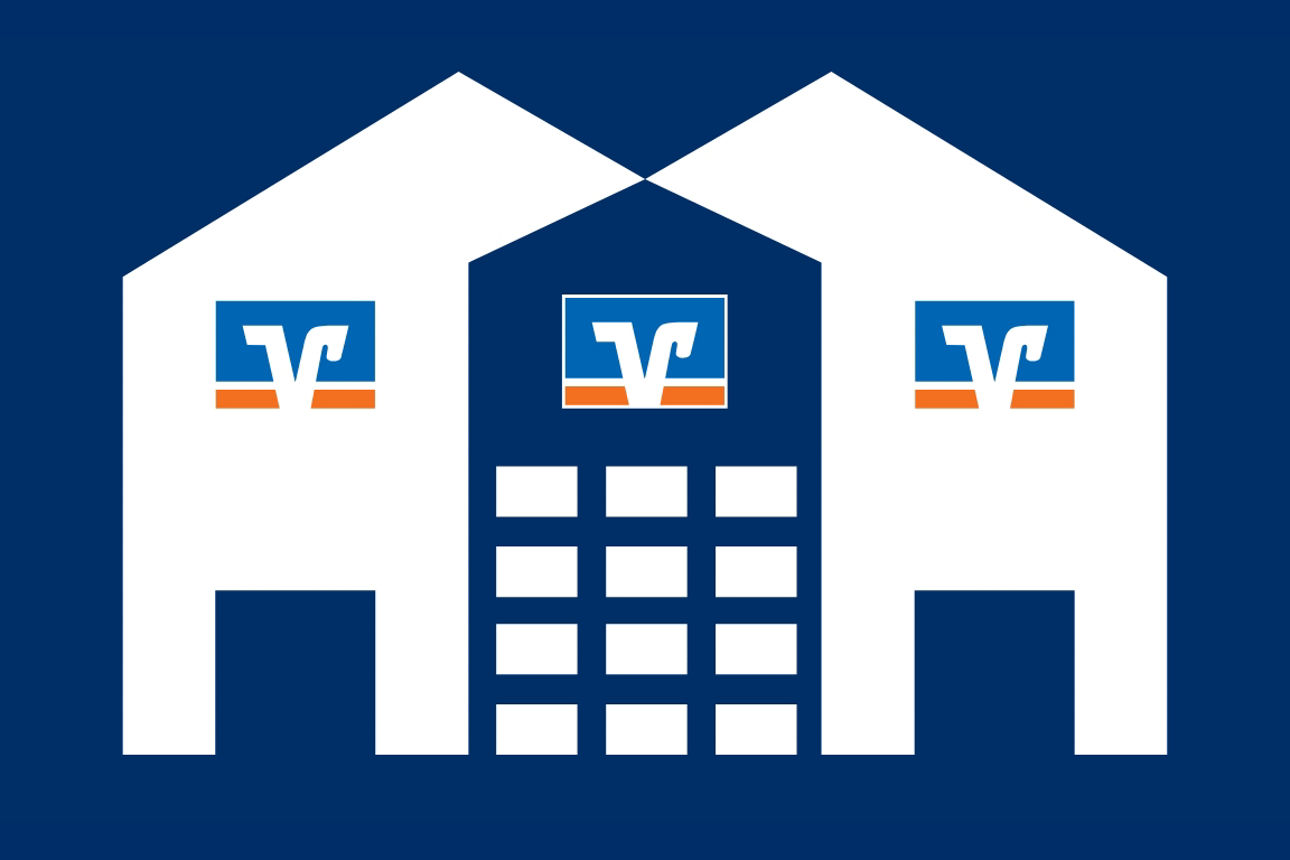 Illustrations  zweier Gebäude mit Volksbank Logos auf einem blauem Hintergrund