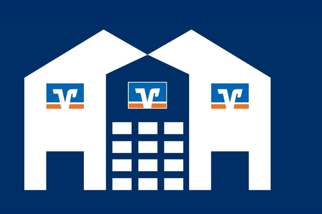 Illustrations zweier Gebäude mit Volksbank Logos auf blauem Hintergrund