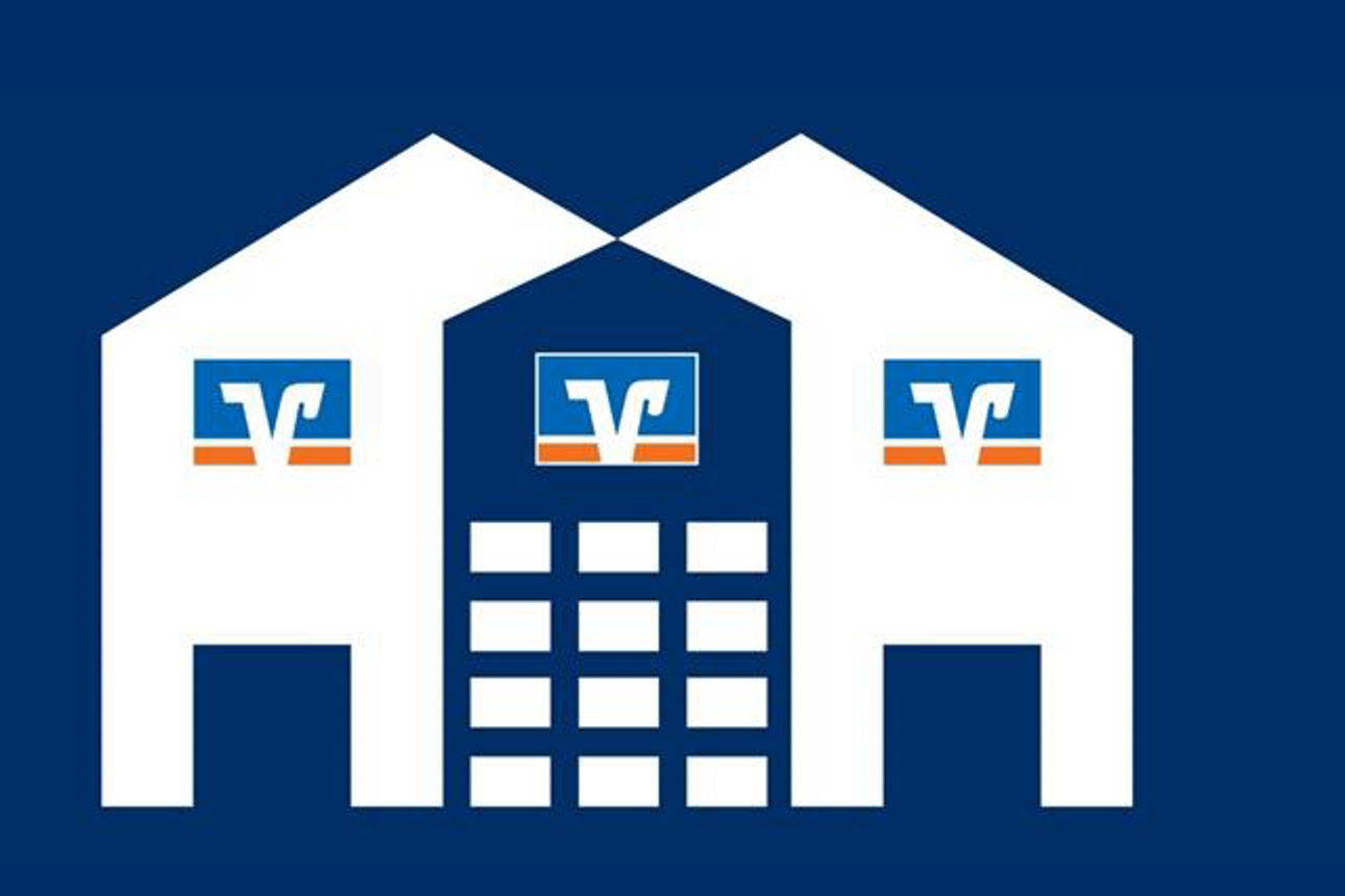 Illustration zweier Gebäude mit Volksbank Logos auf blauem Hintergrund