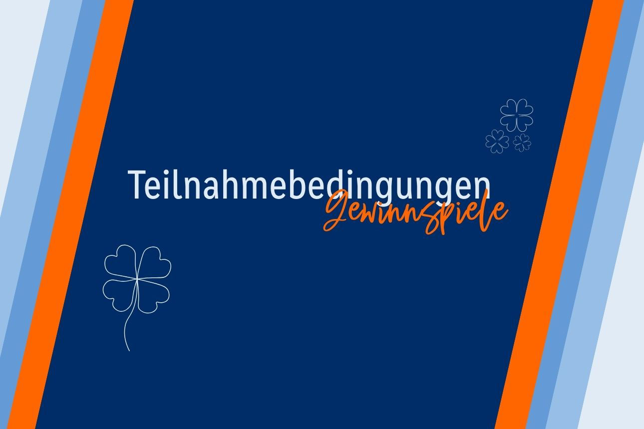 Text Teilnahmebedingungen für Gewinnspiele in blauer Banner-Grafik mit dekorativen Streifen und Kleeblatt-Illustration.