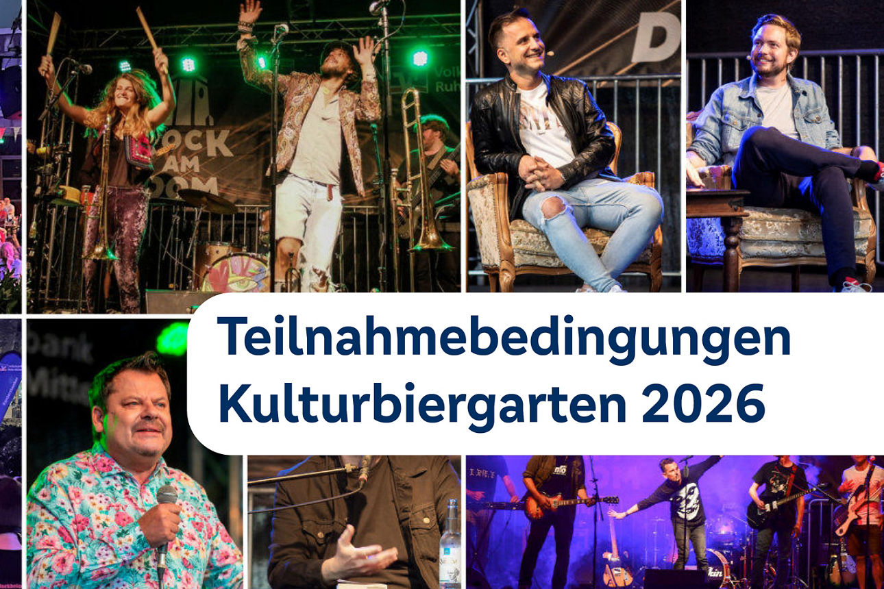 Im Hintergrund sind Bühnenszenen aus den vergangenen Jahren Kulturbiergarten von diversen Künstlern zu sehen. Darauf der Schriftzug "Teilnahmebedingungen Kulturbiergarten 2026"