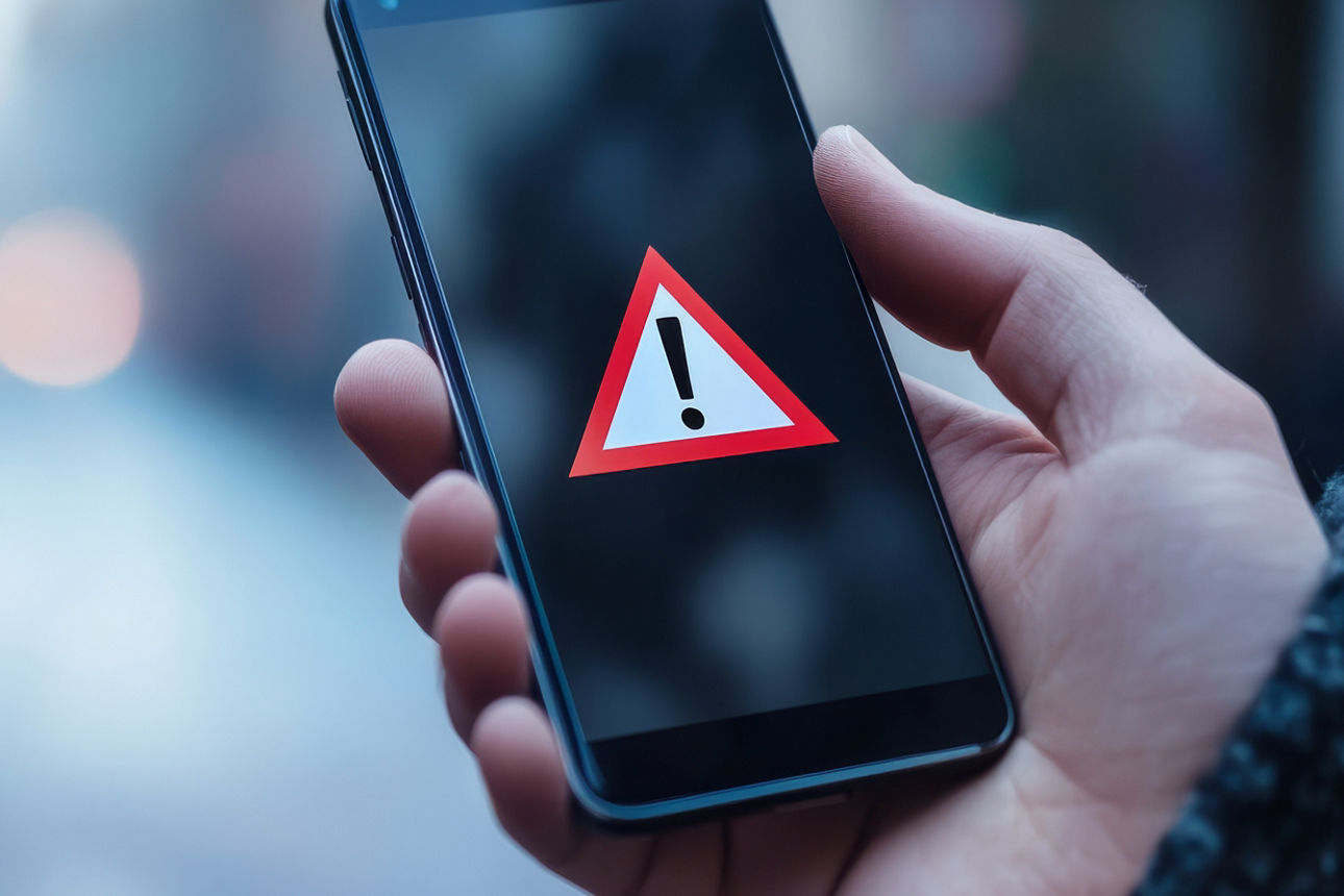Eine Hand hält eine Handy, auf dem eine Warndreieck mit Ausrufezeichen zu erkennen ist