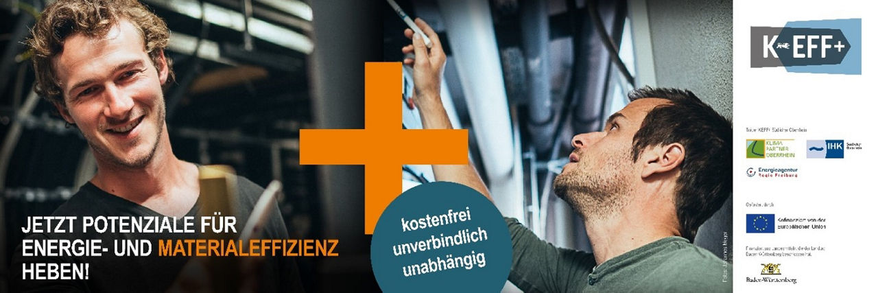 Zwei Männer arbeiten in einem technischen Umfeld; Text wirbt für mehr Energie- und Materialeffizienz mit KEFF+
