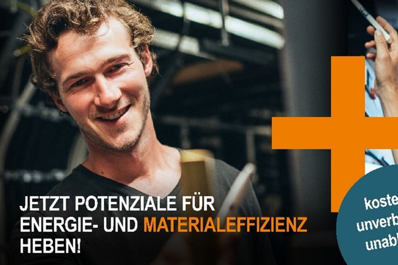 Zwei Männer arbeiten in einem technischen Umfeld; Text wirbt für mehr Energie- und Materialeffizienz mit KEFF+