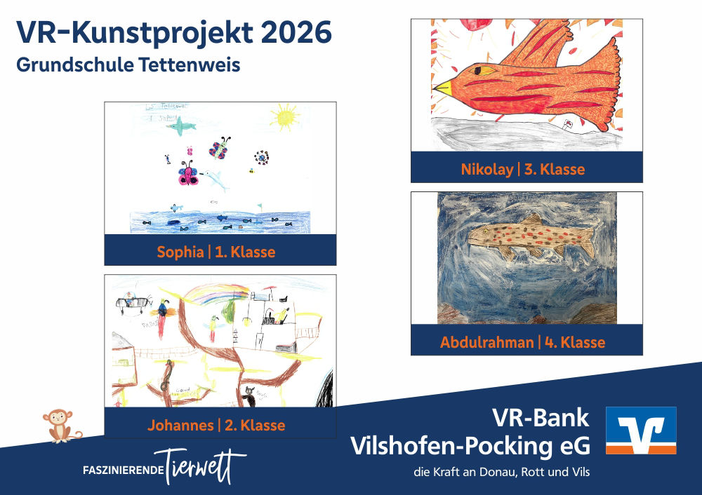 Die vier Gewinnerbilder VR-Kunstprojekt 2026, Grundschule Tettenweis: Schmetterlinge, Vogl, Zoo, Fisch. 