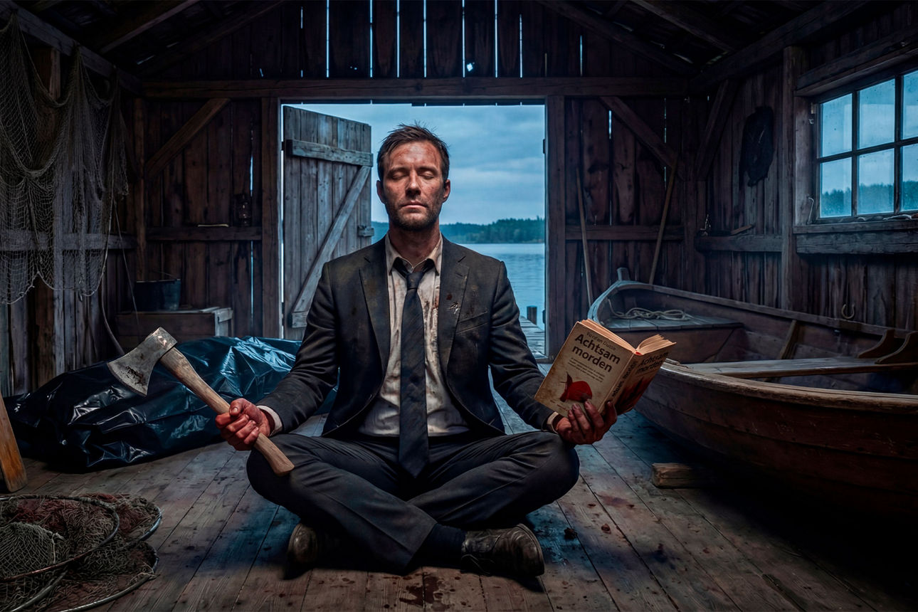 Mann mit Axt sitzt meditierend in einem Bootshaus