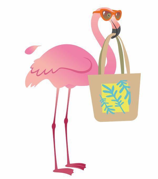 Flamingo mit Sonnenbrille und Badetasche im Schnabel