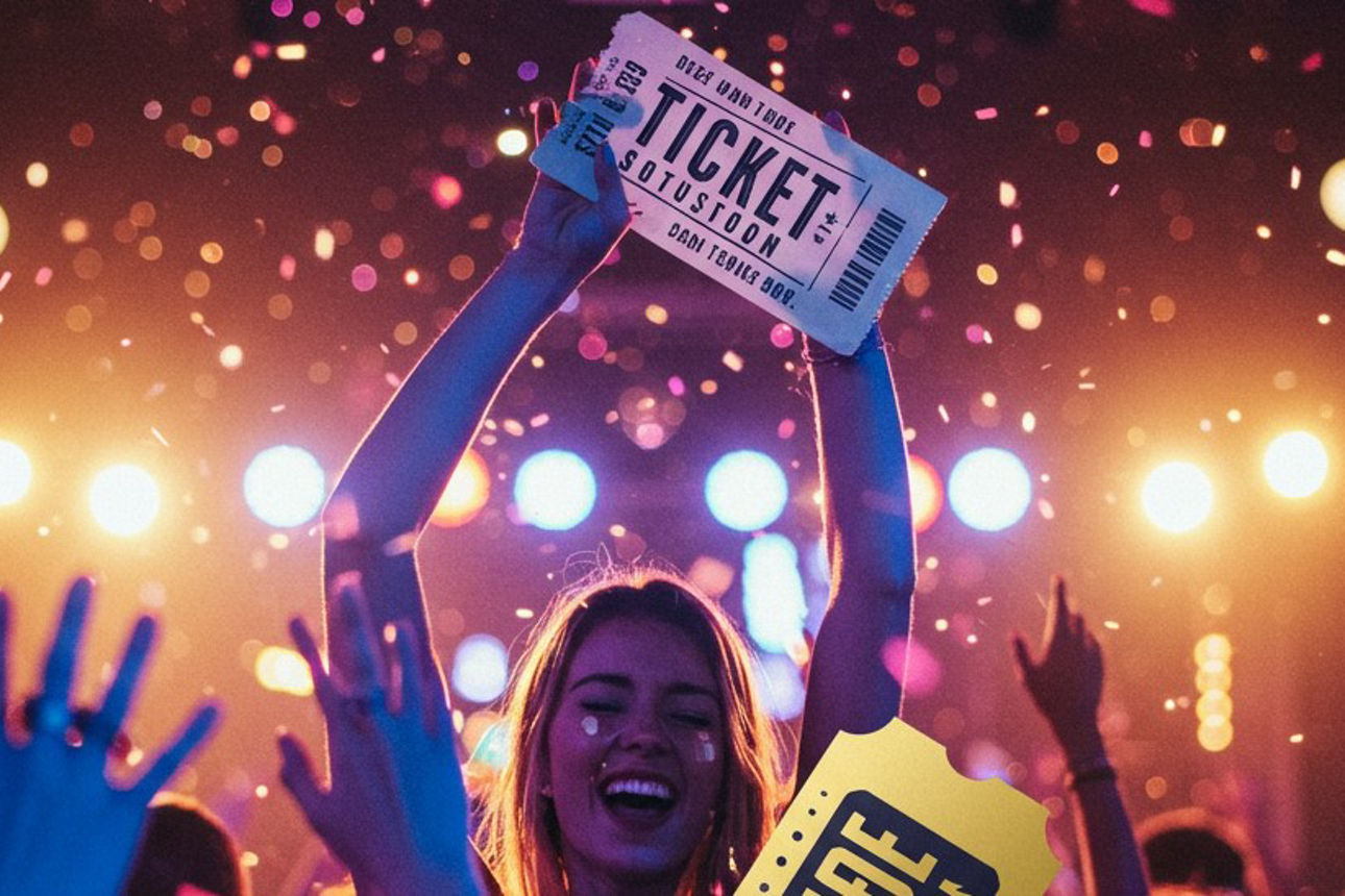 Frau hält ein übergroßes Ticket in den Händen