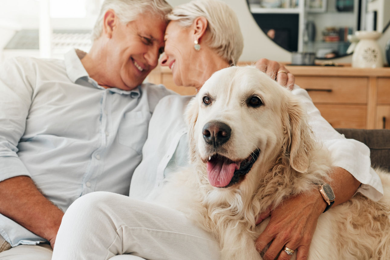 Eine Frau und ein Mann sitzen mit ihrem Hund auf dem Sofa. 
