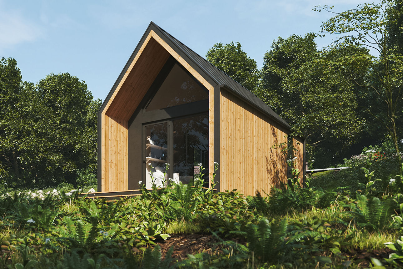 Tiny House aus Holt mit schwarzem Spitzdach in der Natur