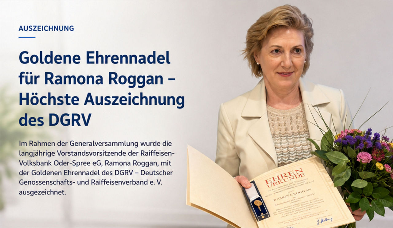 Frau Roggan mit offener Ehrenurkunde und Blumenstrauß
