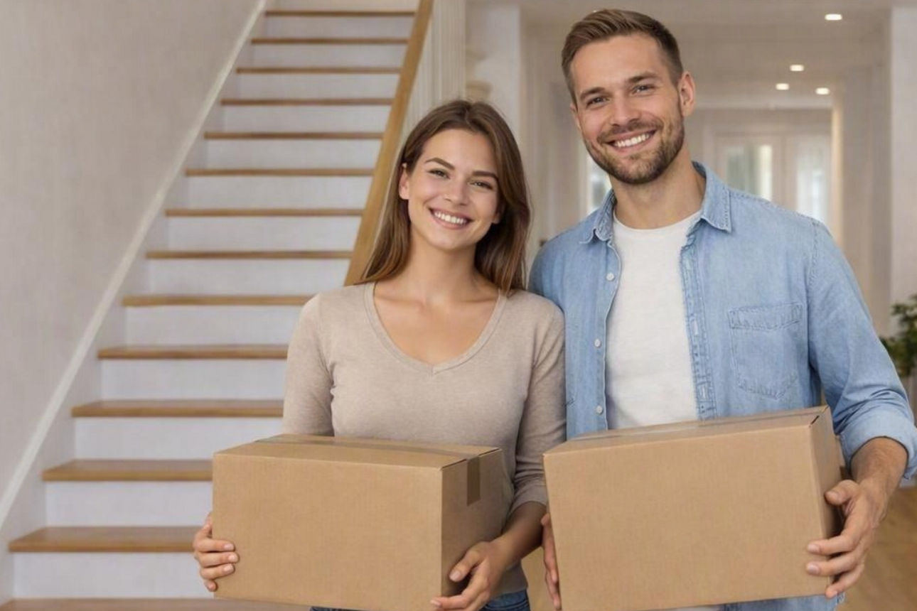 Mann und Frau mit Umzugskartons