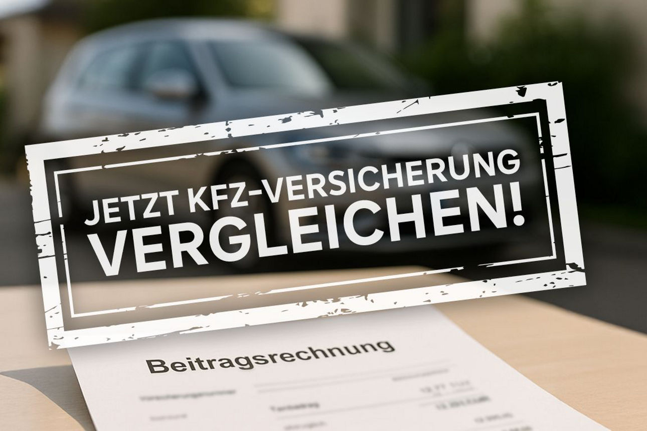 Unscharfes Fahrezeug im Hintergrund, darüber der Stempel "Jetzt KFZ-Versicherung vergleichen"