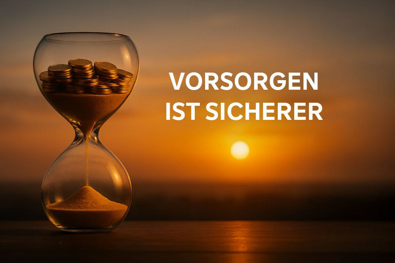 Sanduhr im Sonnenuntergang, Münzen im oberen Teil, Text Vorsorgen ist sicherer