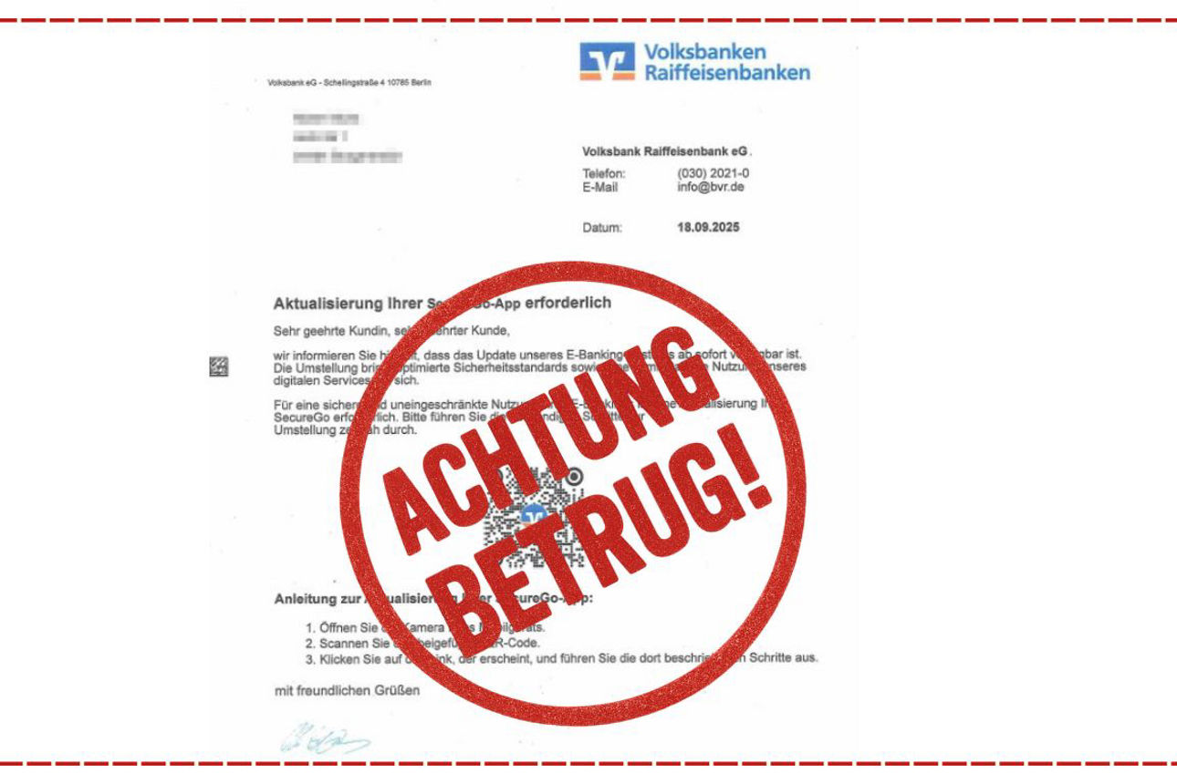 gefälschtes Bankanschreiben darüber der rote Stempel Achtung Betrug