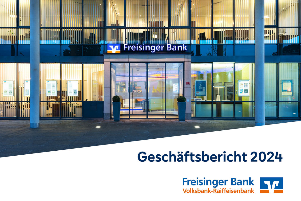 Titelbild Geschaeftsbericht2024 - Eingangsportal Hauptstelle Freisinger Bank mit Banklogo