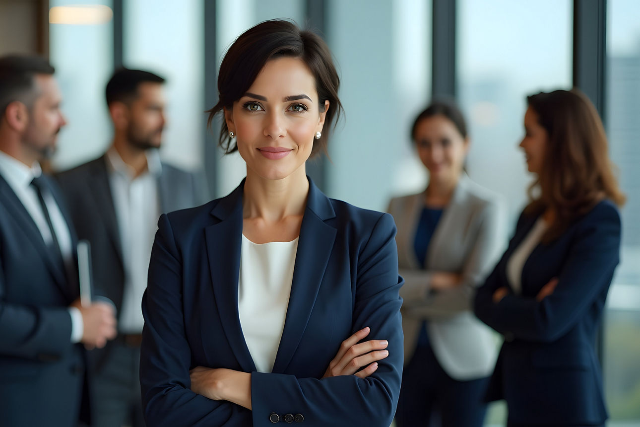 Lächelnde Frau steht vor Mitarbeitenden in Besprechung
