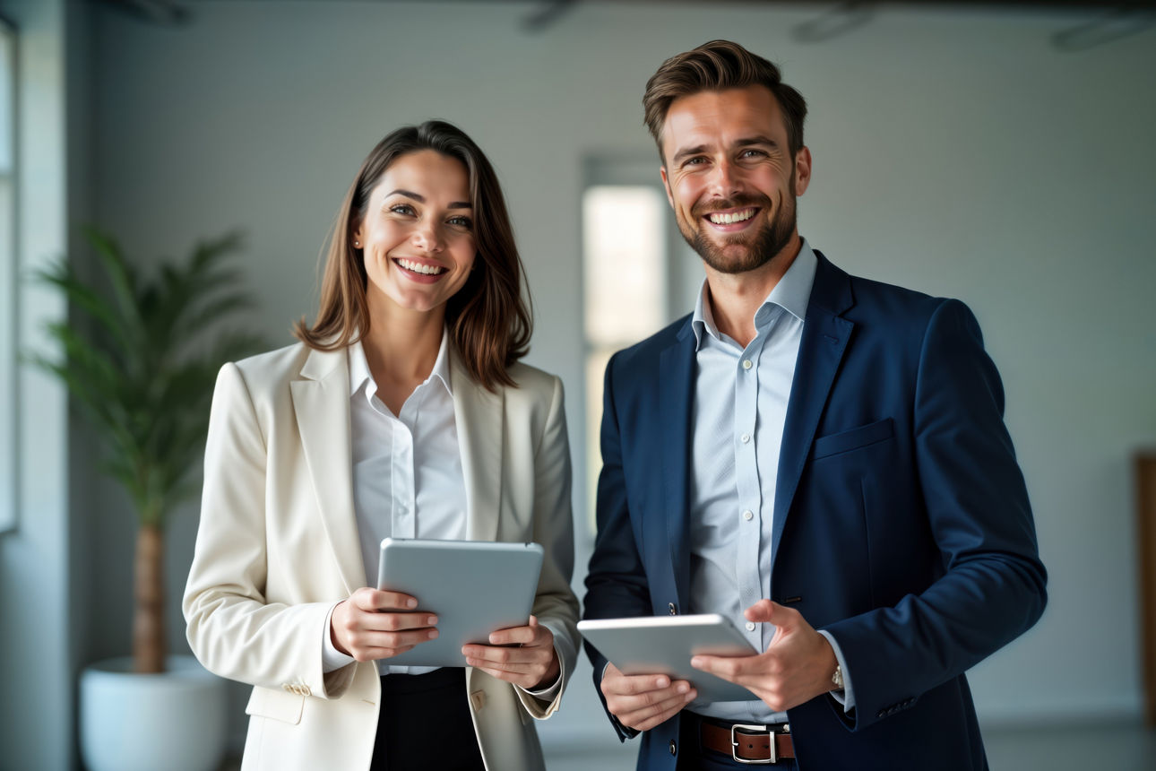 Frau und Mann stehen lächelnd nebeneinander mit Tablet in der Hand