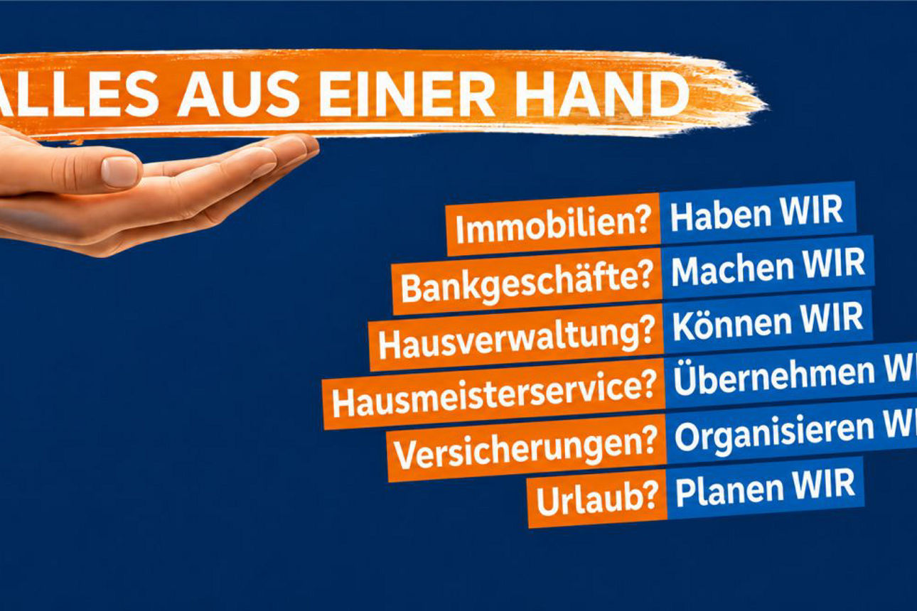 blauem Grund eine geöffnete Hand unter dem Slogan „ALLES AUS EINER HAND“. Daneben sind verschiedene Leistungen wie Immobilien