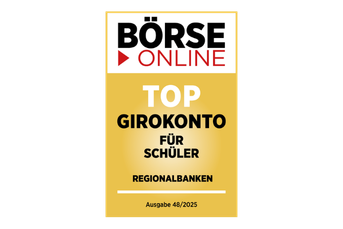 Die Grafik bildet ein Siegel von BörseOnline mit der Bewertung ''Top-Girokonto für Schüler'' ab.