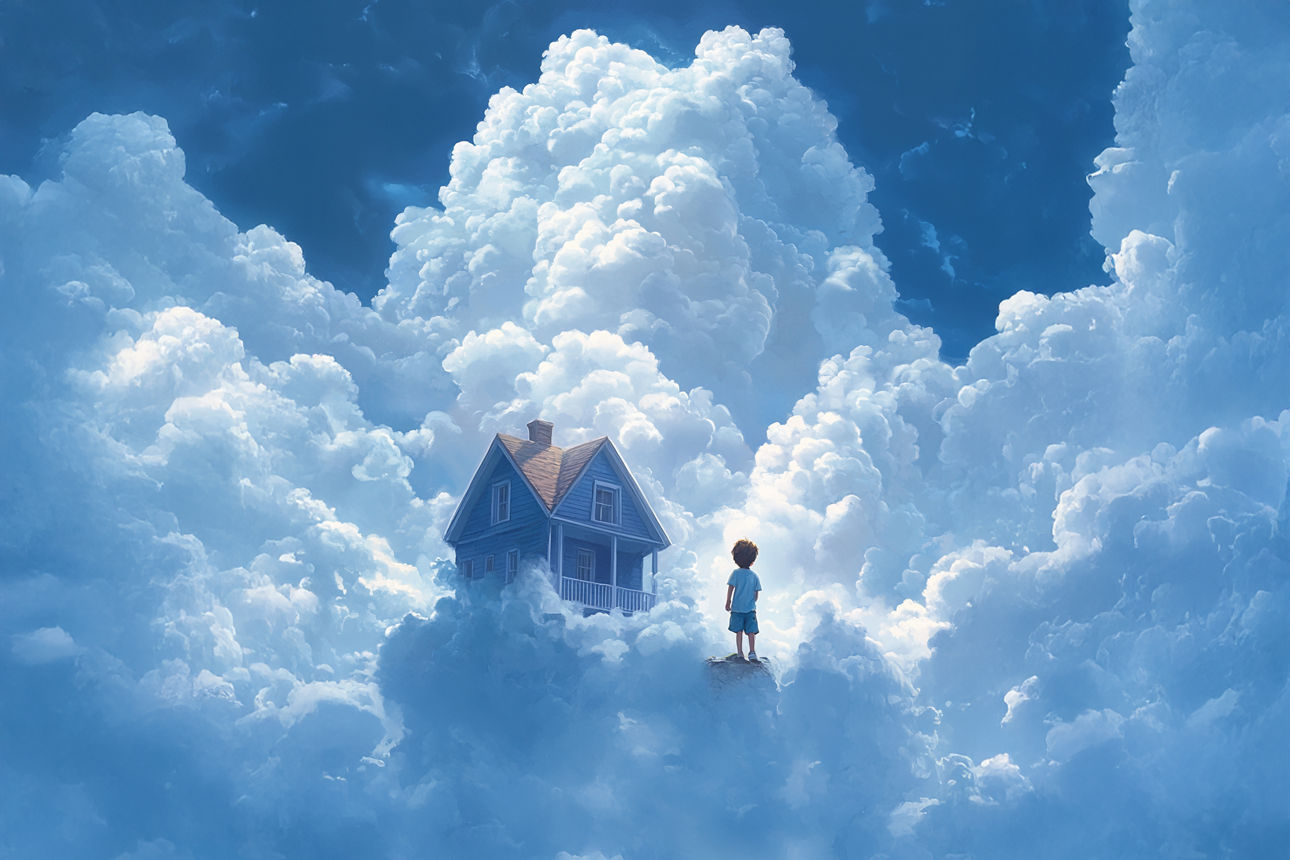 Kind steht vor Haus in einem Wolkenhimmel