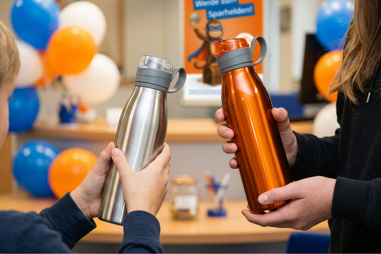 Zwei Trinkflaschen in silber und orange