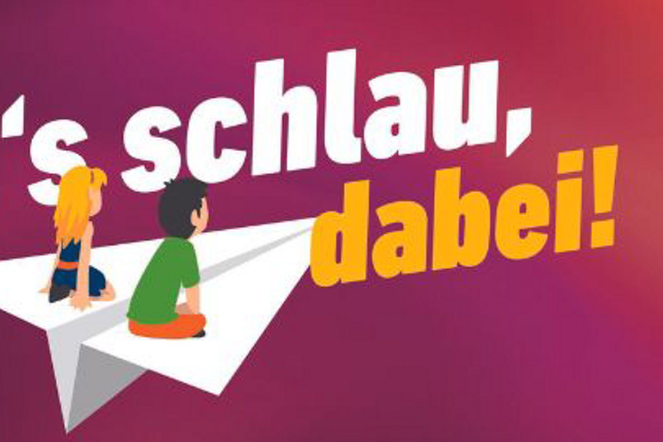 Illustration von zwei Kindern, die auf einem Papierflieger sitzen