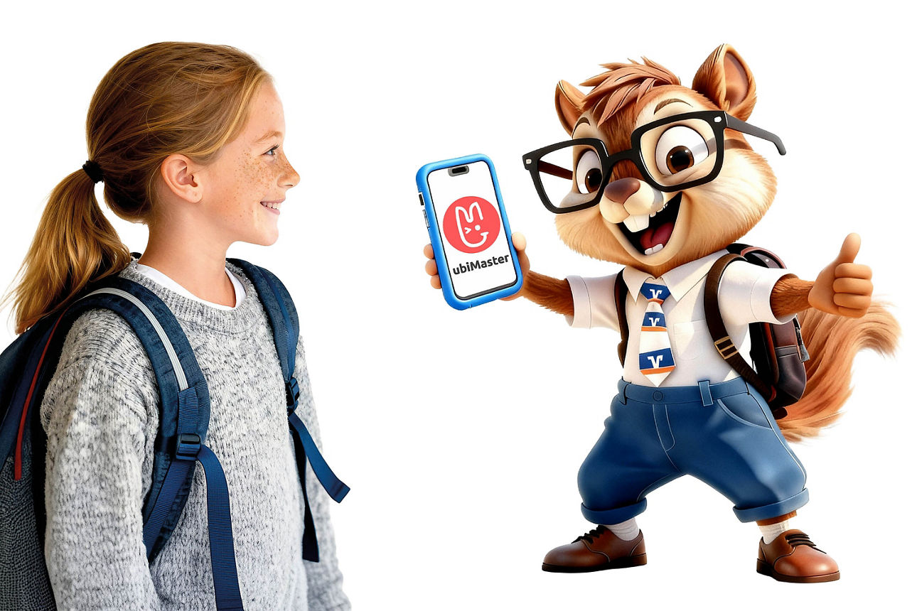 Ein Kind mit Schulrucksack und Spacy das Volksbank Maskottchen