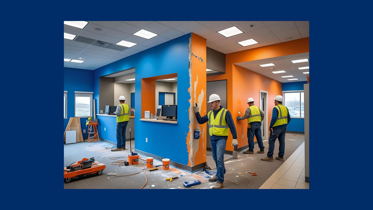 Baustelle von Büroräumen mit Bauarbeitern die Wände sind blau und orange gestrichen