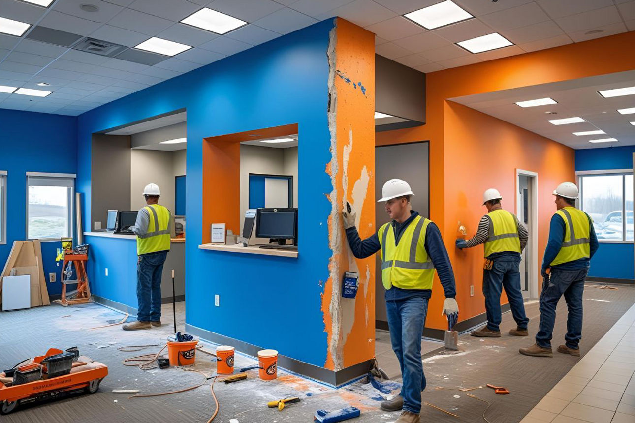 Vier Bauarbeiter mit Schutzhelmen und Warnwesten arbeiten in einem Büroraum mit blauen und orangefarbenen Wänden, wobei eine Wand teilweise abgebrochen ist. Werkzeuge und Baumaterialien liegen auf dem Boden.