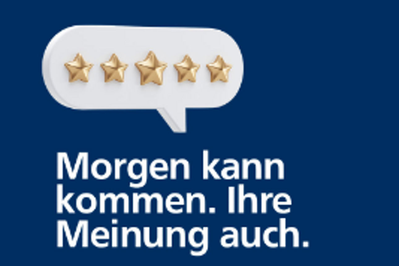 Eine Sprechblase mit fünf goldenen Sternen auf einem blauen Hintergrund