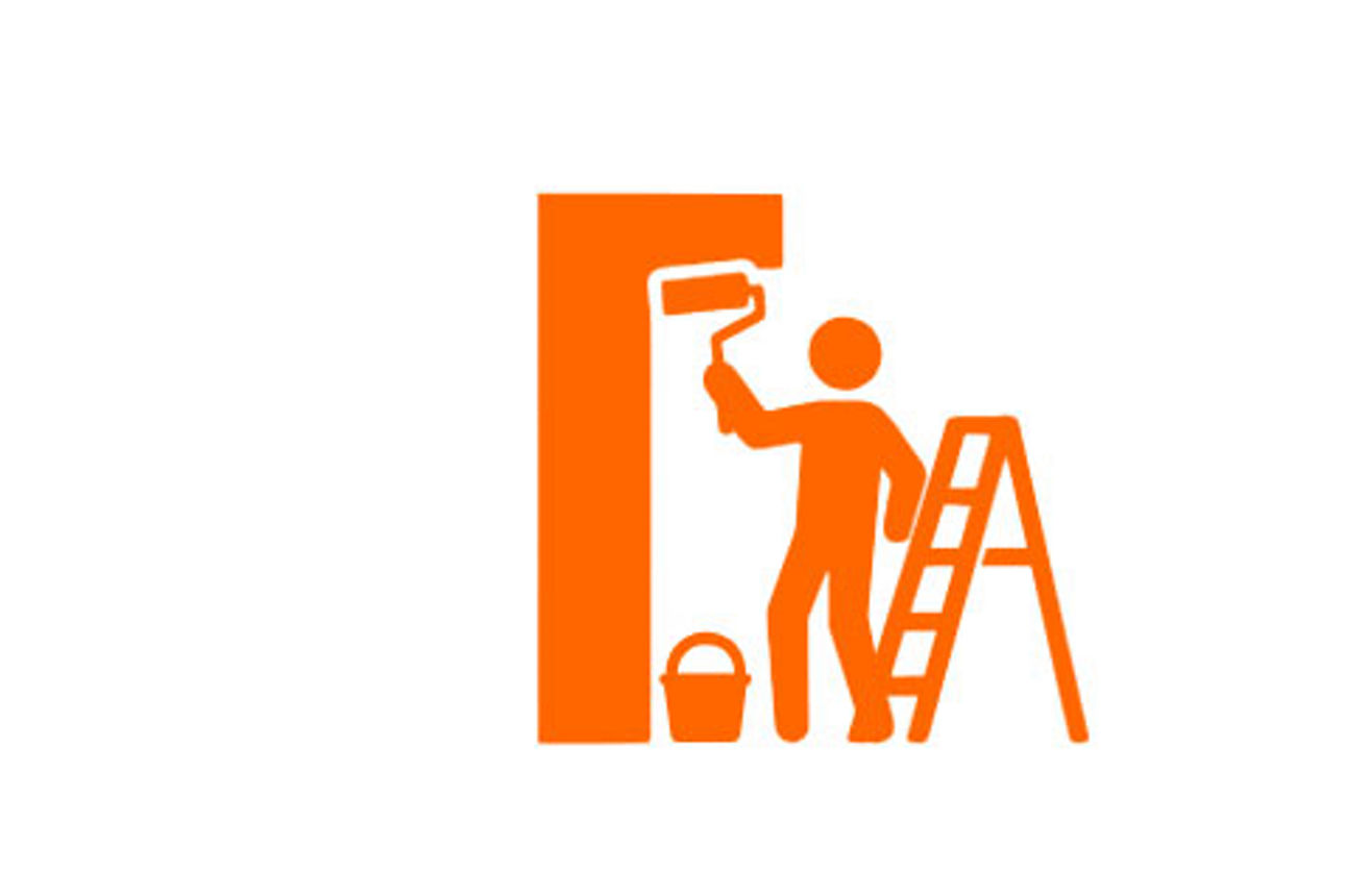 Oranges Piktogramm einer Person auf einer Leiter vor weißem Hintergrund – ein Symbol für Handwerk und Arbeit.