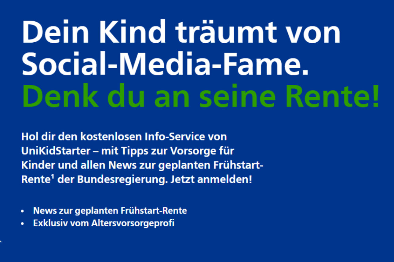 Das Motiv zeigt einen dunkelblauen Hintergrund auf dem, mit grüner Schrift, "Frühstarten mit UniKidStarter" steht.