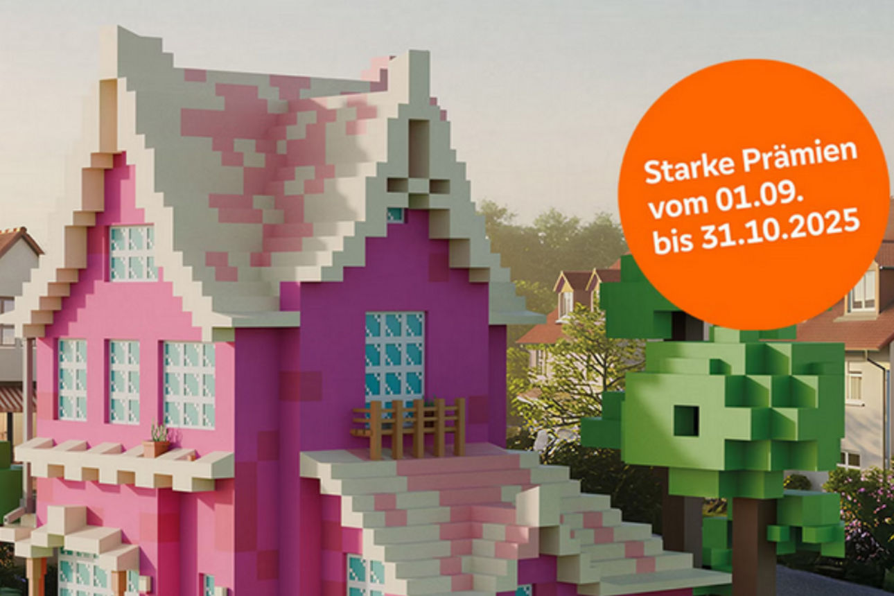 Ein rosanes Haus aus Pixeln.